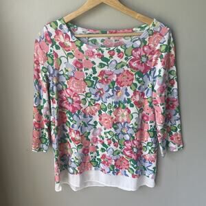 Talbots Floral Chiffon Hem Top Sweater Sz‎ Small Petite 3/4 Sleeve Cotton Rayon
